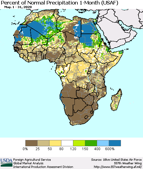Africa Percent of Normal Precipitation 1-Month (USAF) Thematic Map For 5/1/2020 - 5/31/2020