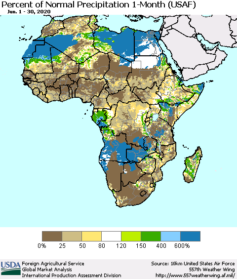 Africa Percent of Normal Precipitation 1-Month (USAF) Thematic Map For 6/1/2020 - 6/30/2020