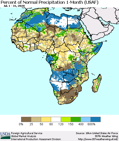 Africa Percent of Normal Precipitation 1-Month (USAF) Thematic Map For 7/1/2020 - 7/31/2020