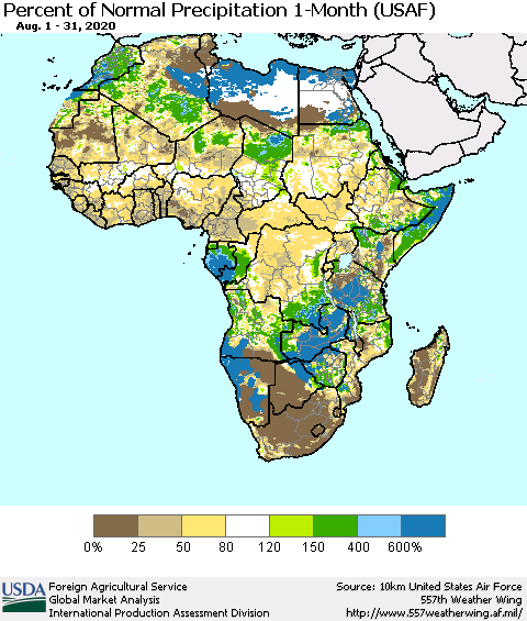 Africa Percent of Normal Precipitation 1-Month (USAF) Thematic Map For 8/1/2020 - 8/31/2020
