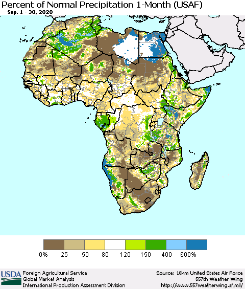 Africa Percent of Normal Precipitation 1-Month (USAF) Thematic Map For 9/1/2020 - 9/30/2020