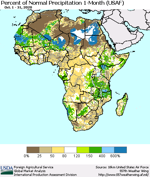 Africa Percent of Normal Precipitation 1-Month (USAF) Thematic Map For 10/1/2020 - 10/31/2020