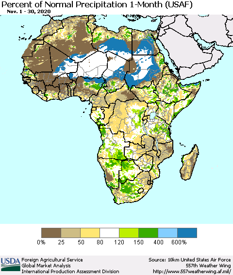 Africa Percent of Normal Precipitation 1-Month (USAF) Thematic Map For 11/1/2020 - 11/30/2020