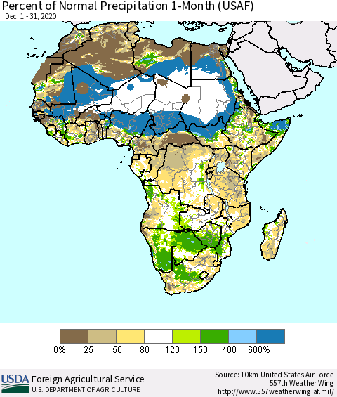 Africa Percent of Normal Precipitation 1-Month (USAF) Thematic Map For 12/1/2020 - 12/31/2020