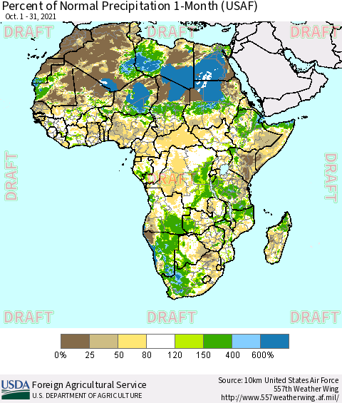 Africa Percent of Normal Precipitation 1-Month (USAF) Thematic Map For 10/1/2021 - 10/31/2021
