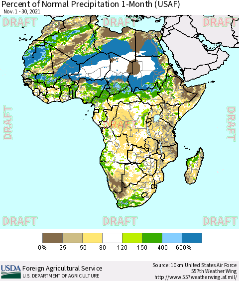 Africa Percent of Normal Precipitation 1-Month (USAF) Thematic Map For 11/1/2021 - 11/30/2021