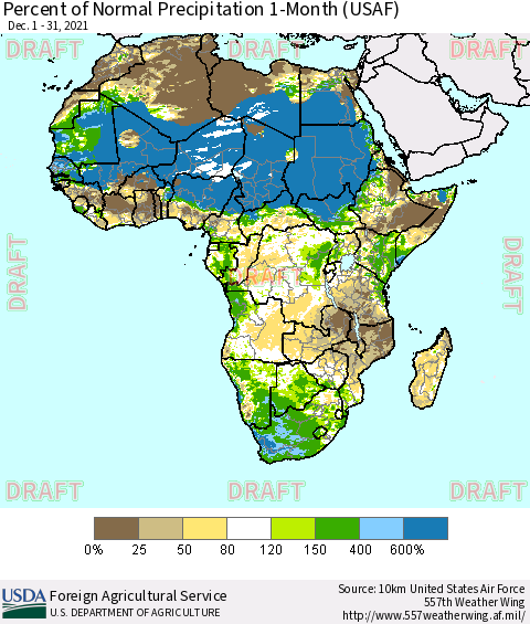 Africa Percent of Normal Precipitation 1-Month (USAF) Thematic Map For 12/1/2021 - 12/31/2021