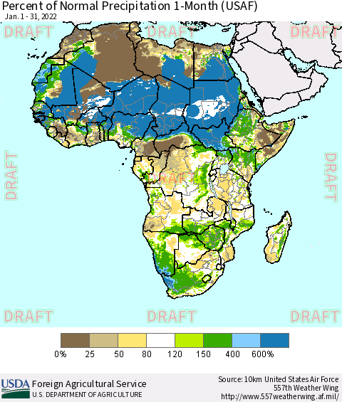 Africa Percent of Normal Precipitation 1-Month (USAF) Thematic Map For 1/1/2022 - 1/31/2022