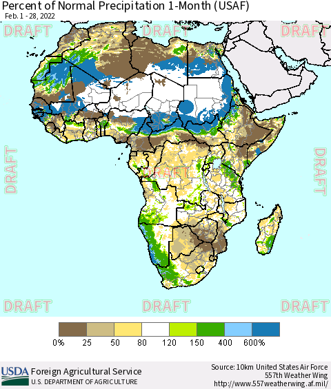 Africa Percent of Normal Precipitation 1-Month (USAF) Thematic Map For 2/1/2022 - 2/28/2022