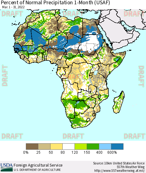 Africa Percent of Normal Precipitation 1-Month (USAF) Thematic Map For 3/1/2022 - 3/31/2022