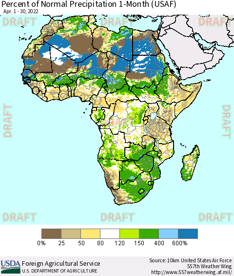 Africa Percent of Normal Precipitation 1-Month (USAF) Thematic Map For 4/1/2022 - 4/30/2022