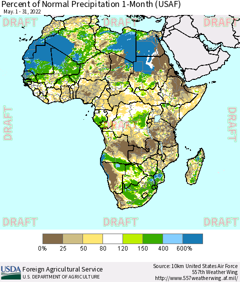 Africa Percent of Normal Precipitation 1-Month (USAF) Thematic Map For 5/1/2022 - 5/31/2022