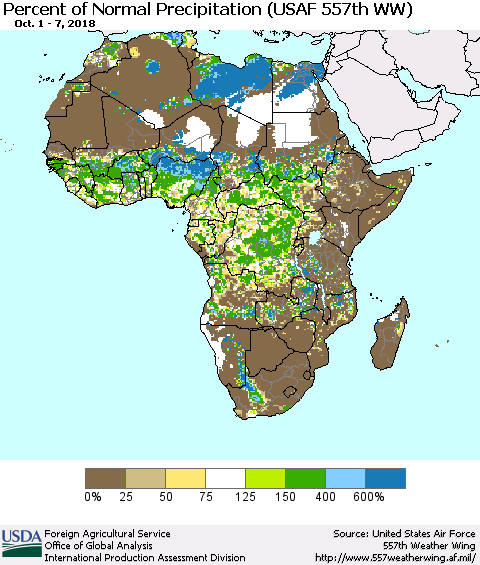 Africa Percent of Normal Precipitation (USAF 557th WW) Thematic Map For 10/1/2018 - 10/7/2018