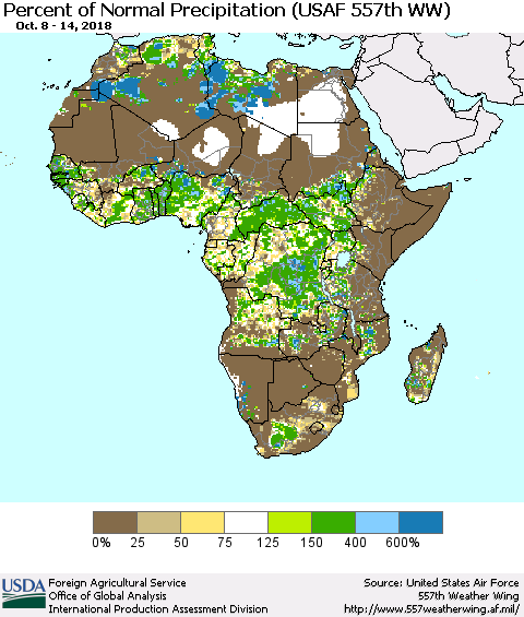 Africa Percent of Normal Precipitation (USAF 557th WW) Thematic Map For 10/8/2018 - 10/14/2018
