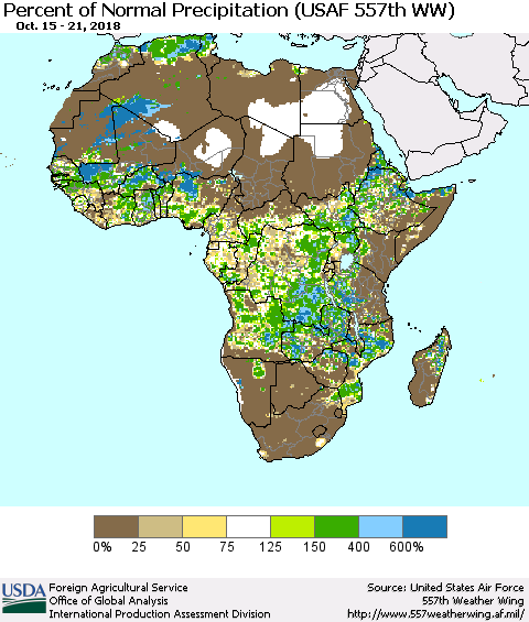 Africa Percent of Normal Precipitation (USAF 557th WW) Thematic Map For 10/15/2018 - 10/21/2018