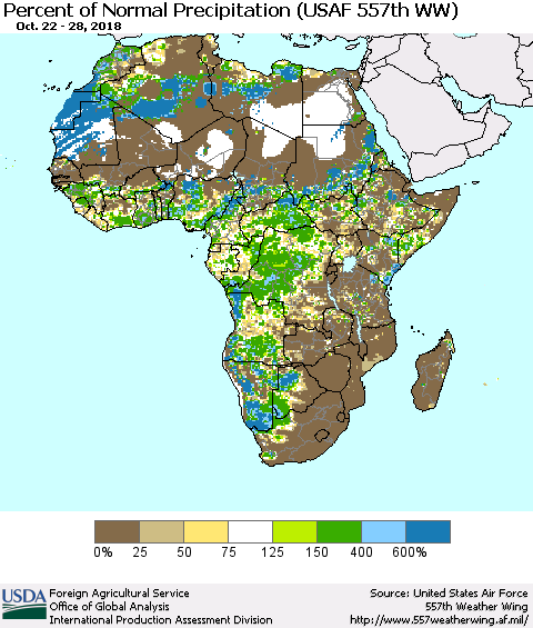 Africa Percent of Normal Precipitation (USAF 557th WW) Thematic Map For 10/22/2018 - 10/28/2018
