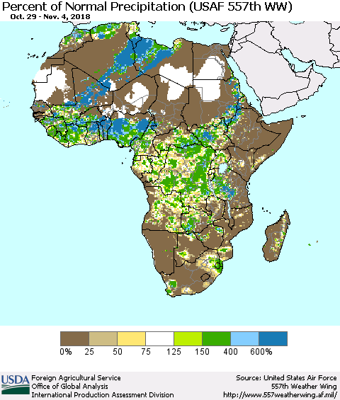 Africa Percent of Normal Precipitation (USAF 557th WW) Thematic Map For 10/29/2018 - 11/4/2018