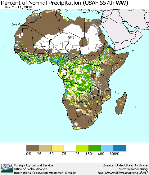Africa Percent of Normal Precipitation (USAF 557th WW) Thematic Map For 11/5/2018 - 11/11/2018