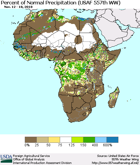 Africa Percent of Normal Precipitation (USAF 557th WW) Thematic Map For 11/12/2018 - 11/18/2018