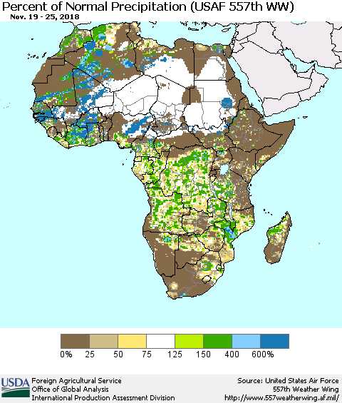 Africa Percent of Normal Precipitation (USAF 557th WW) Thematic Map For 11/19/2018 - 11/25/2018