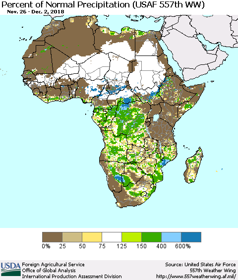 Africa Percent of Normal Precipitation (USAF 557th WW) Thematic Map For 11/26/2018 - 12/2/2018