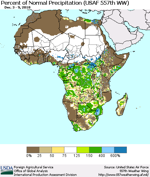 Africa Percent of Normal Precipitation (USAF 557th WW) Thematic Map For 12/3/2018 - 12/9/2018