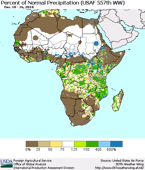 Africa Percent of Normal Precipitation (USAF 557th WW) Thematic Map For 12/10/2018 - 12/16/2018