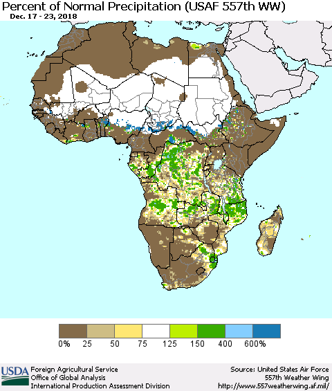 Africa Percent of Normal Precipitation (USAF 557th WW) Thematic Map For 12/17/2018 - 12/23/2018