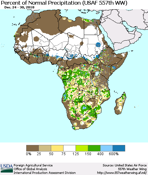 Africa Percent of Normal Precipitation (USAF 557th WW) Thematic Map For 12/24/2018 - 12/30/2018