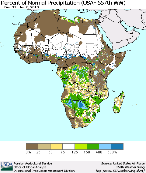 Africa Percent of Normal Precipitation (USAF 557th WW) Thematic Map For 12/31/2018 - 1/6/2019