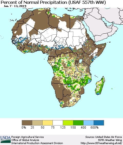 Africa Percent of Normal Precipitation (USAF 557th WW) Thematic Map For 1/7/2019 - 1/13/2019
