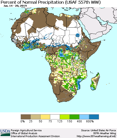 Africa Percent of Normal Precipitation (USAF 557th WW) Thematic Map For 1/14/2019 - 1/20/2019