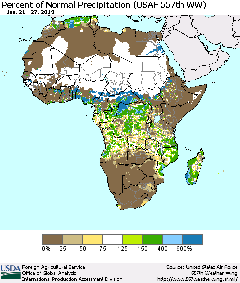 Africa Percent of Normal Precipitation (USAF 557th WW) Thematic Map For 1/21/2019 - 1/27/2019