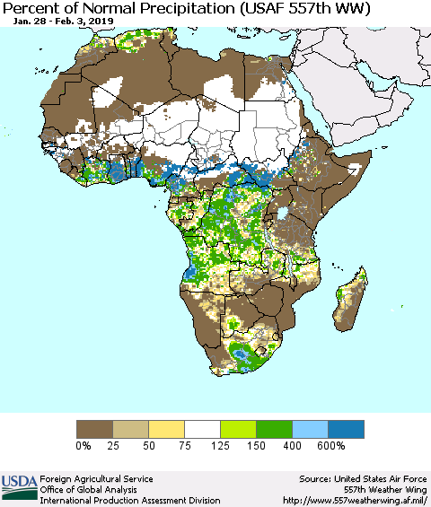 Africa Percent of Normal Precipitation (USAF 557th WW) Thematic Map For 1/28/2019 - 2/3/2019