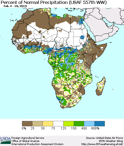 Africa Percent of Normal Precipitation (USAF 557th WW) Thematic Map For 2/4/2019 - 2/10/2019
