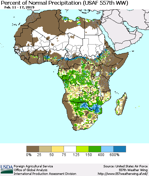 Africa Percent of Normal Precipitation (USAF 557th WW) Thematic Map For 2/11/2019 - 2/17/2019