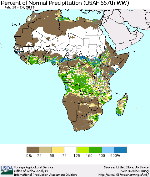 Africa Percent of Normal Precipitation (USAF 557th WW) Thematic Map For 2/18/2019 - 2/24/2019