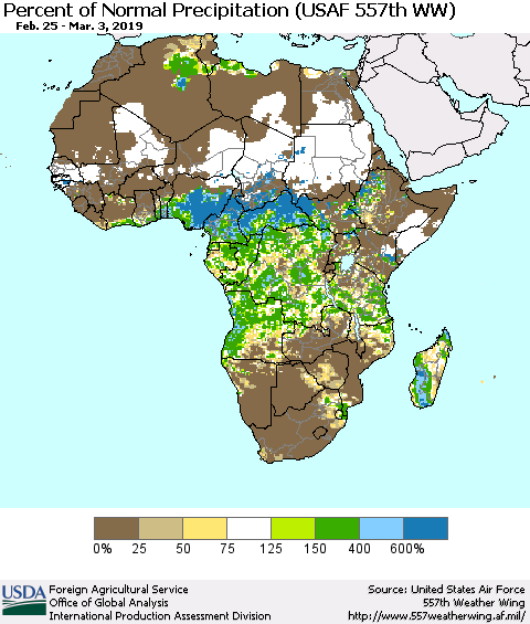 Africa Percent of Normal Precipitation (USAF 557th WW) Thematic Map For 2/25/2019 - 3/3/2019