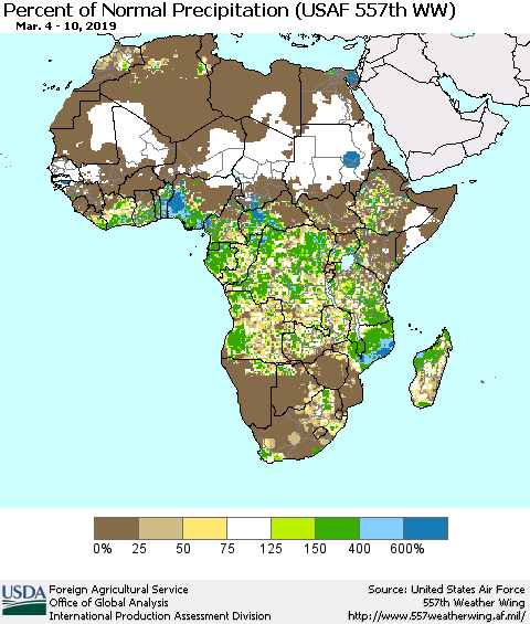Africa Percent of Normal Precipitation (USAF 557th WW) Thematic Map For 3/4/2019 - 3/10/2019