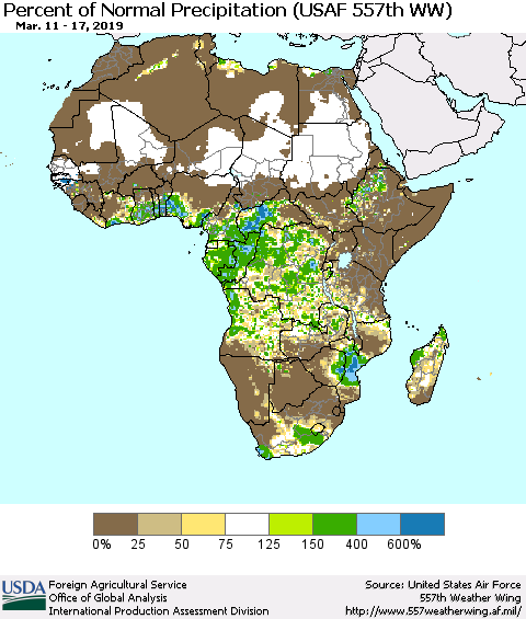 Africa Percent of Normal Precipitation (USAF 557th WW) Thematic Map For 3/11/2019 - 3/17/2019