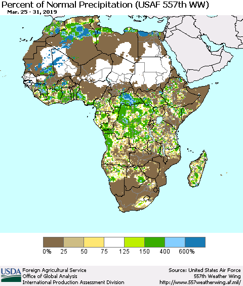 Africa Percent of Normal Precipitation (USAF 557th WW) Thematic Map For 3/25/2019 - 3/31/2019