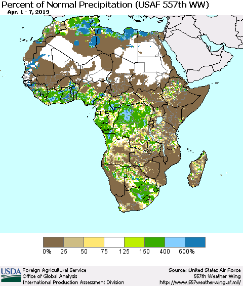 Africa Percent of Normal Precipitation (USAF 557th WW) Thematic Map For 4/1/2019 - 4/7/2019