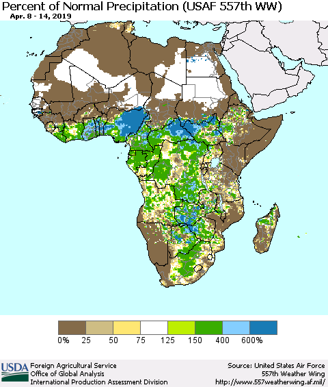 Africa Percent of Normal Precipitation (USAF 557th WW) Thematic Map For 4/8/2019 - 4/14/2019