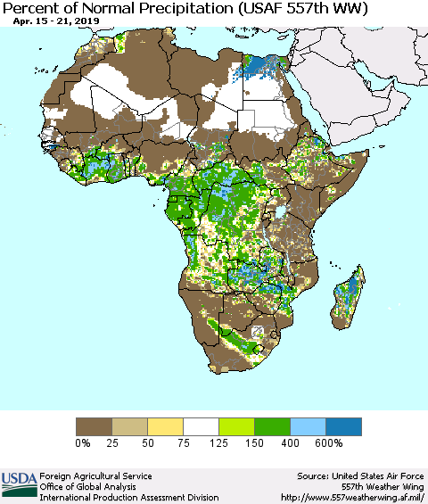 Africa Percent of Normal Precipitation (USAF 557th WW) Thematic Map For 4/15/2019 - 4/21/2019