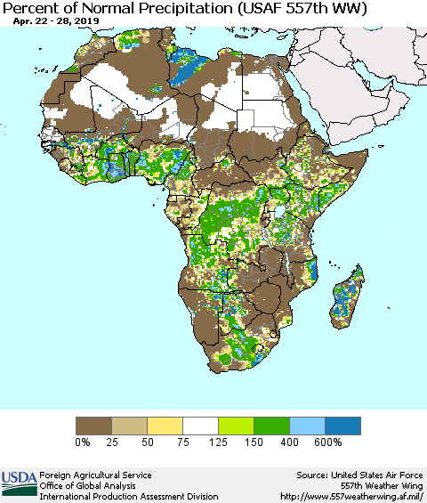 Africa Percent of Normal Precipitation (USAF 557th WW) Thematic Map For 4/22/2019 - 4/28/2019