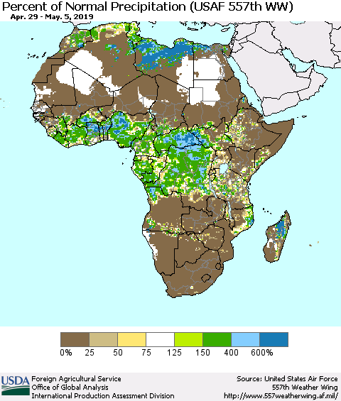 Africa Percent of Normal Precipitation (USAF 557th WW) Thematic Map For 4/29/2019 - 5/5/2019