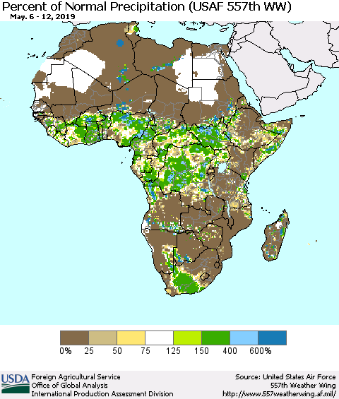 Africa Percent of Normal Precipitation (USAF 557th WW) Thematic Map For 5/6/2019 - 5/12/2019