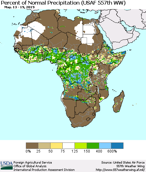 Africa Percent of Normal Precipitation (USAF 557th WW) Thematic Map For 5/13/2019 - 5/19/2019