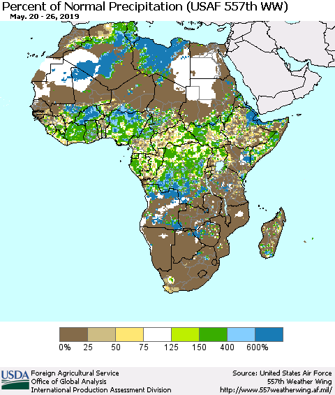 Africa Percent of Normal Precipitation (USAF 557th WW) Thematic Map For 5/20/2019 - 5/26/2019