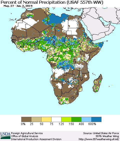 Africa Percent of Normal Precipitation (USAF 557th WW) Thematic Map For 5/27/2019 - 6/2/2019